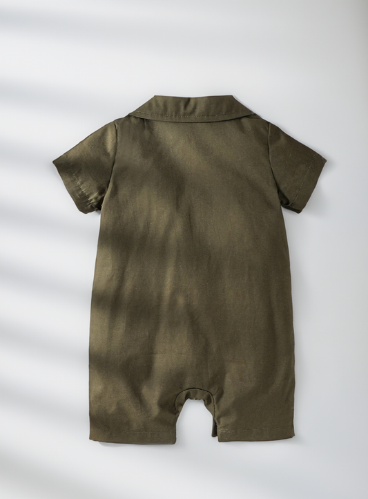 Baby Boy Beige Olive Jungle Safari Adventure button up Romper