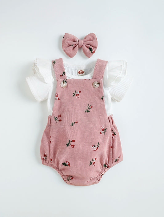 3 pc Baby Infant Ditsy Floral Corduroy Overall bodysuit with Tee