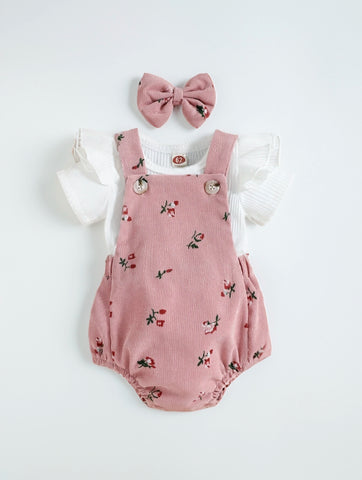 3 pc Baby Infant Ditsy Floral Corduroy Overall bodysuit with Tee