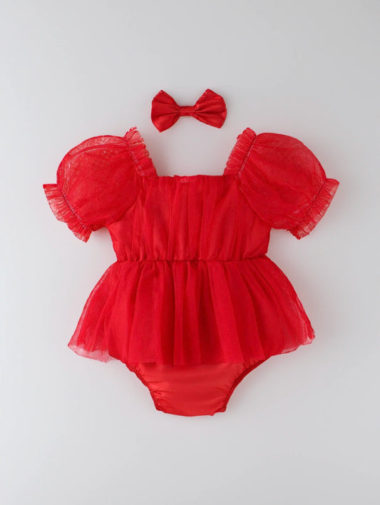 2 Pcs Baby Girl Square Neck Puff Sleeve Mesh Bodysuit