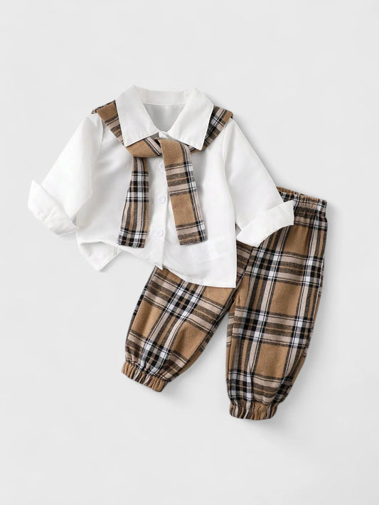 3 Pc Baby Boy Plaid Shawl Pants Set