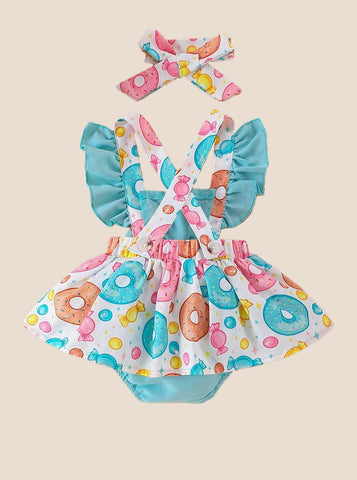 2 pcs Baby Donut Print Ruffle Trim Bodysuit & Headband