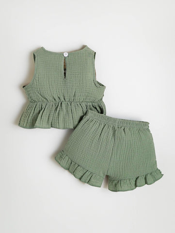 2 Pcs Baby Girl Bow Front Ruffle Hem Tank Top & Shorts