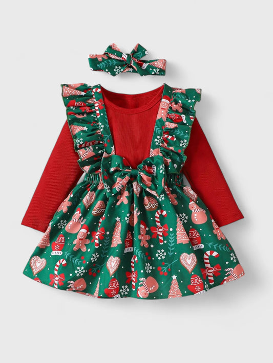 2 Pcs Baby Girl Ruffle Suspenders Christmas Dress