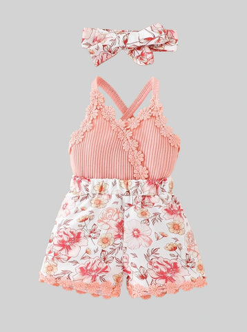 2 Pcs Baby Girl Floral Cross Cami Romper