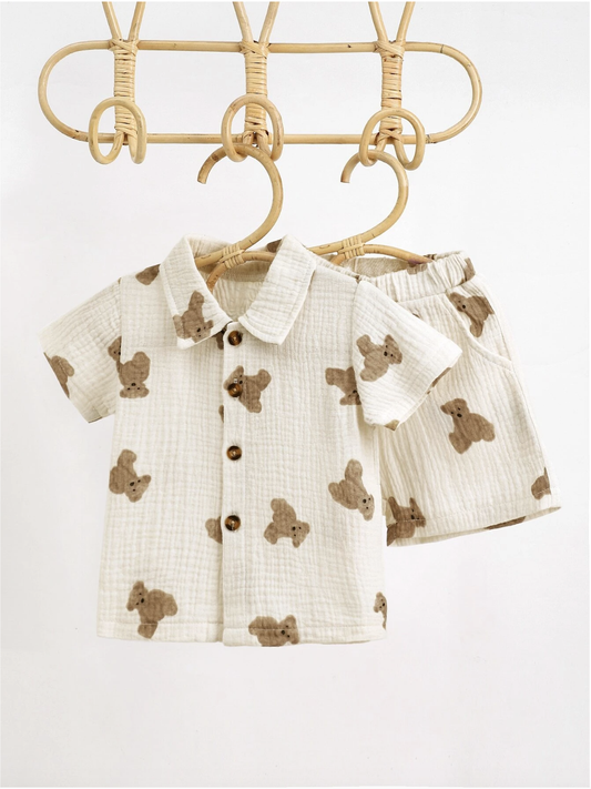 Baby Boy Girl Teddy Bear Cotton Button up Collar Shirt with Shorts