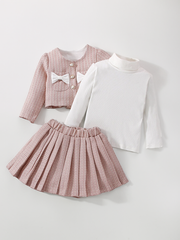 3 Pcs Baby Toddler Girl Pink Tweed Bow Jacket and Turtle Neck and Skirt Outfits