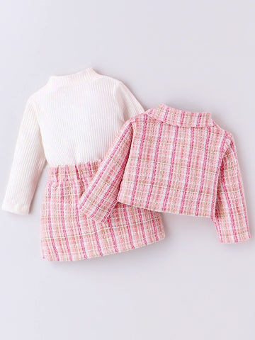 3 Pcs Baby Girl Tweed, Shirt, Skirt & Crop Jacket Set