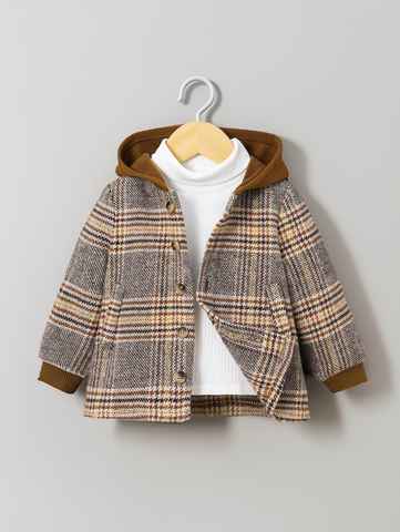 Baby Boy Brown Plaid Jacket with Contrasting Hoodie