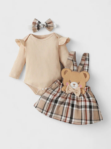 3 Pc Infant Baby Girl Bear Overall dress