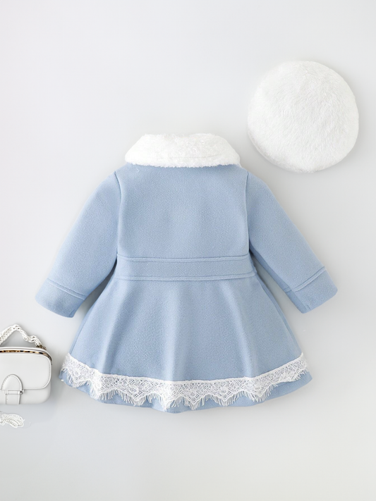 Baby Girl Princess Fuzzy Trim Lace Dress with Beret Hat