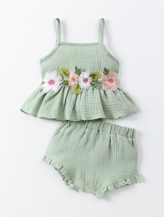 2 Pcs Baby Girl Flower Applique Cami and Bloomers Set