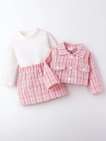 3 Pcs Baby Girl Tweed, Shirt, Skirt & Crop Jacket Set