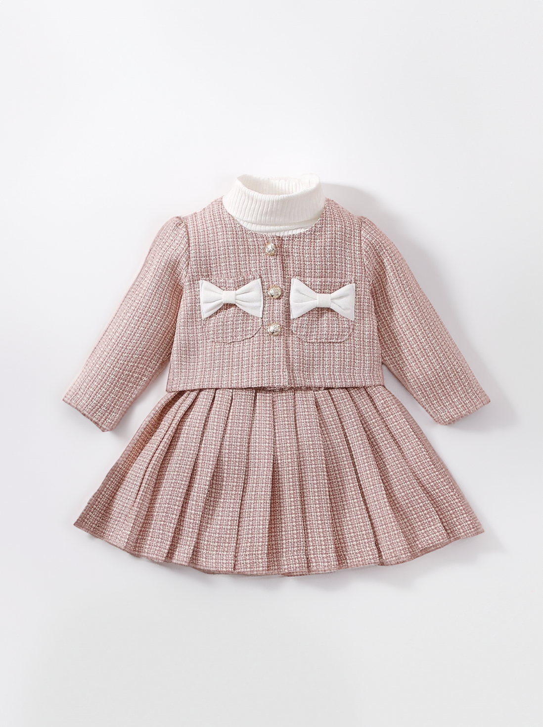 3 Pcs Baby Toddler Girl Pink Tweed Bow Jacket and Turtle Neck and Skirt Outfits