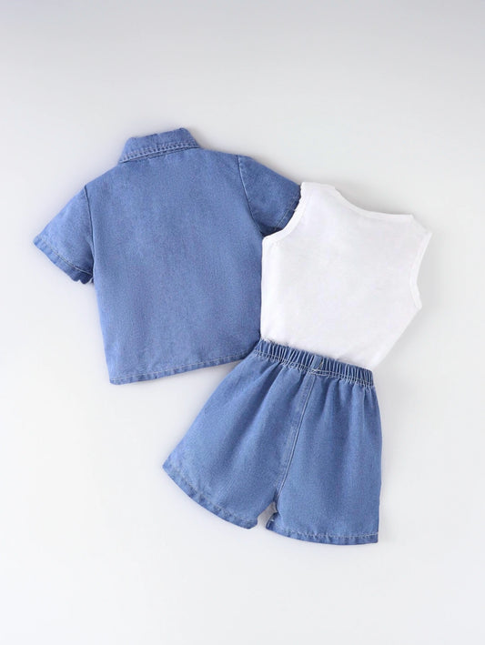 3 Piece Baby Boy Denim Shorts Shirt Set