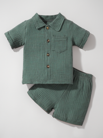 Baby Boy Cotton Button up Collar Pocket Shirt and Short Set