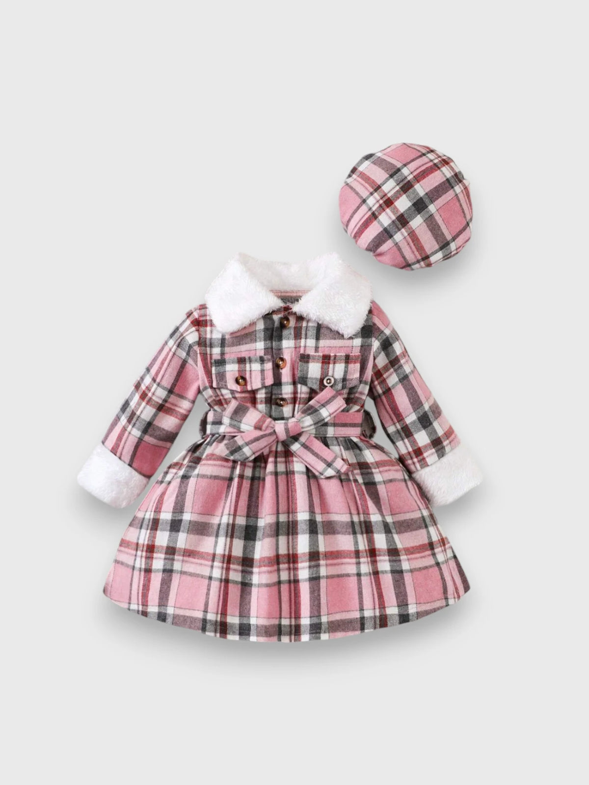 Baby Girl Plaid dress with Fuzzy Trim and Beret Hat