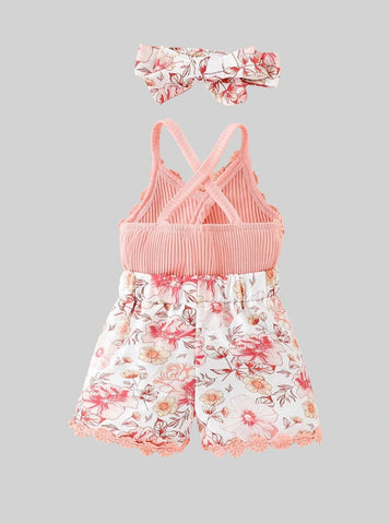 2 Pcs Baby Girl Floral Cross Cami Romper