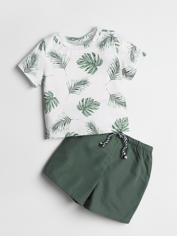 Baby Boy 2 Piece Tropical Palm Leaf Print T Shirt Top and Shorts Set