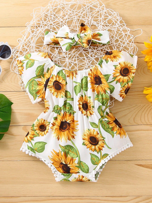 2 pcs Baby Girl Sunflower Bodysuit & Headband