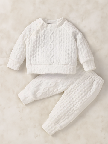 2 Pc Baby Boy Cable Knit Textured Sweat Shirt Sweat Pant Set