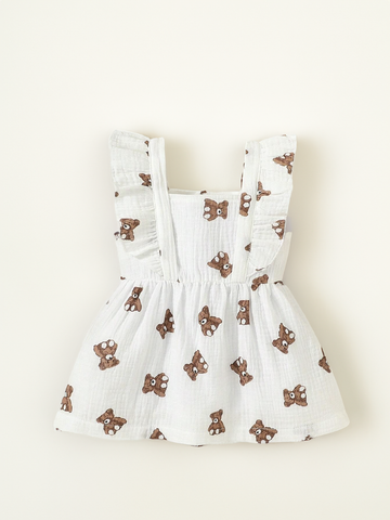 Baby Girl Brown Teddy Bear print Cotton Ruffle Dress