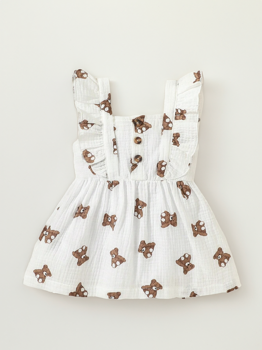 Baby Girl Brown Teddy Bear print Cotton Ruffle Dress