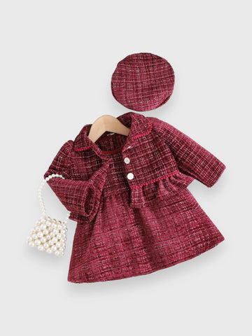 3 Pcs Baby Girl Tweed Coat, Dress and Beret Set