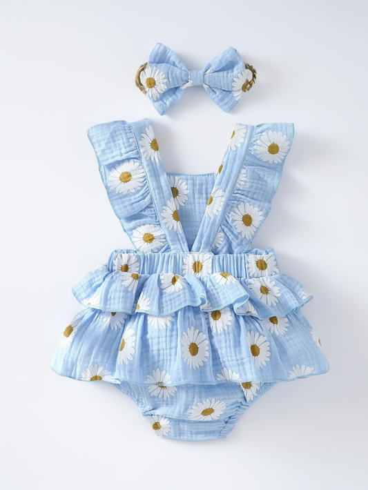 Baby Girl Daisy Floral Ruffle Trim Overall Bodysuit & Headband