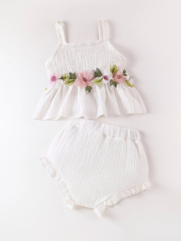 2 Pcs Baby Girl Flower Applique Cami and Bloomers Set