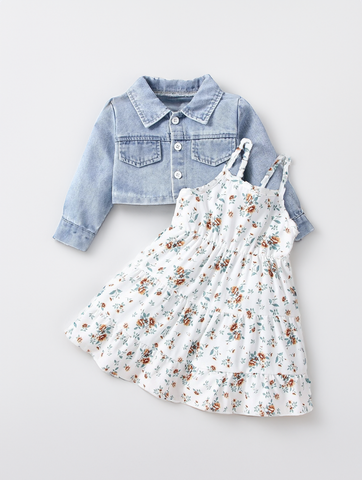 2 Pcs Toddler Baby Girl Ditsy Floral Layered Cami Dress with Blue Denim Crop Jacket