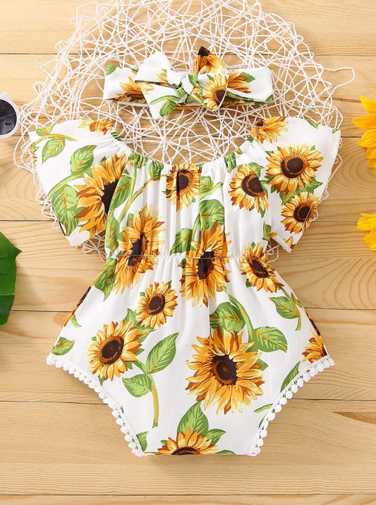 2 pcs Baby Girl Sunflower Bodysuit & Headband