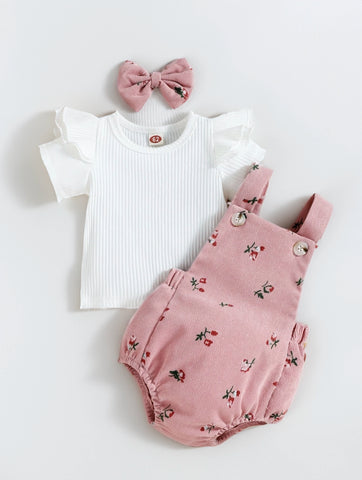 3 pc Baby Infant Ditsy Floral Corduroy Overall bodysuit with Tee