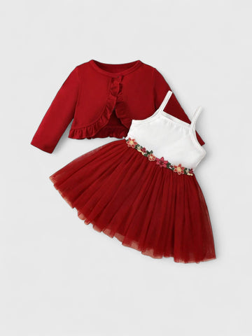 2 Pc Baby Girl Ruffle Caridgan with Mesh Dress