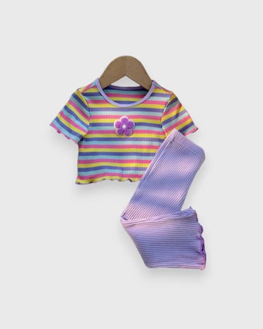 Baby Girl Ribbed Striped Flower Tee & Leggings Set