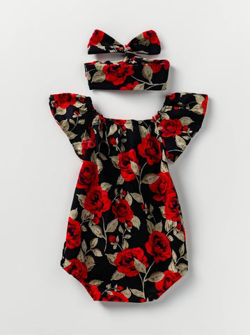 Baby Girls Red Roses Print flutter Sleeve Bodysuit and Headband