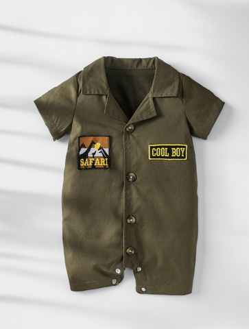 Baby Boy Beige Olive Jungle Safari Adventure button up Romper