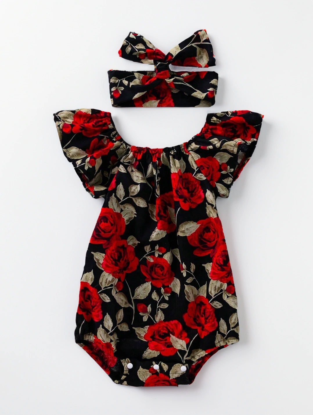 Baby Girls Red Roses Print flutter Sleeve Bodysuit and Headband