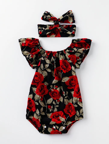 Baby Girls Red Roses Print flutter Sleeve Bodysuit and Headband