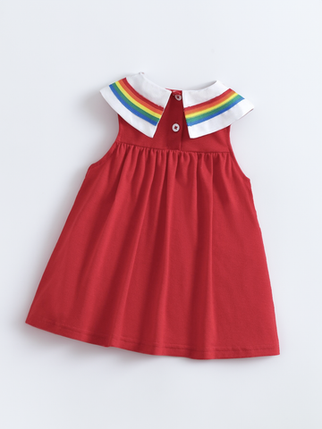 Baby Girl Rainbow and Cloud Collared Red Yellow Dress