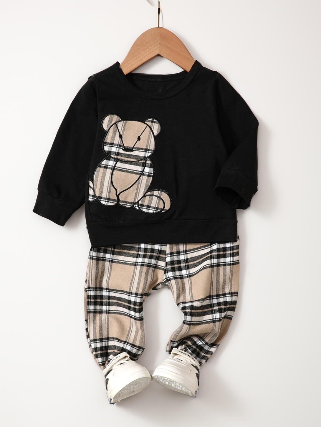 2 Piece Baby Boy Brown Plaid Bear Long Sleeve Shirt and Plaid Pant Set