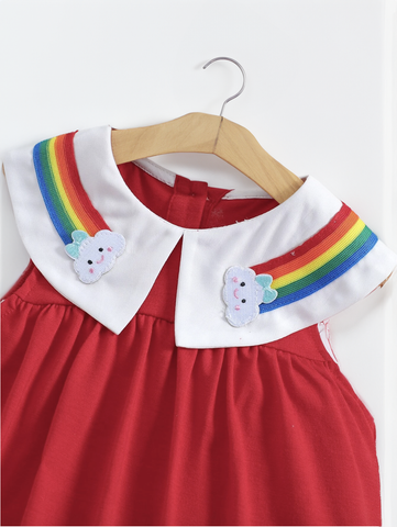 Baby Girl Rainbow and Cloud Collared Red Yellow Dress