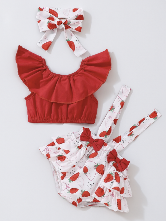 3 Pcs baby Girl Summer Fresh Red Strawberry Fruit Ruffle Suspenders Overalls Onesie Bodysuit