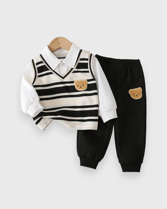 3 pc Baby Boy Bear Patch Stripe Vest, Shirt & Pant Set