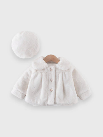 Baby Girl Light Faux Fur Coat with Beret