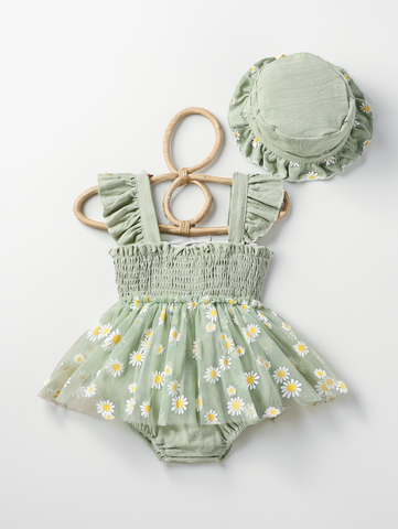 2 Pcs Baby Girl Sage Green Daisy sheer Mesh Skirt bodysuit Dress with Hat