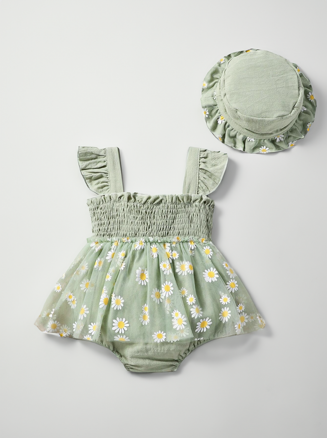 2 Pcs Baby Girl Sage Green Daisy sheer Mesh Skirt bodysuit Dress with Hat