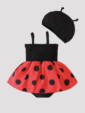 Baby Girl Red Black Lady Bug bodysuit Dress with Hat