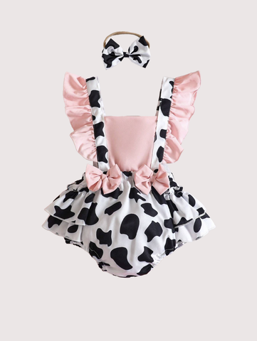 Baby Girl Cattle Cow Print Ruffle bloomers bodysuit with Matching Headband