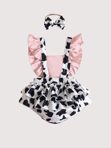 Baby Girl Cattle Cow Print Ruffle bloomers bodysuit with Matching Headband